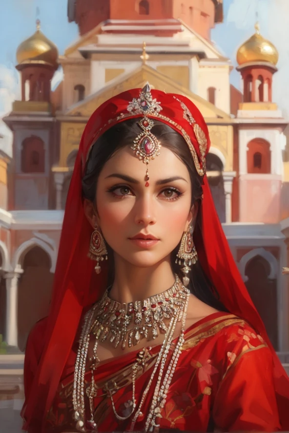 Créez le portrait d&#39;une gracieuse femme hindoue russe dans la cour historique du Kremlin, portant un sari élégant et un bindi rouge. Mettez en valeur le contraste entre la tenue traditionnelle indienne et l&#39;architecture russe emblématique.