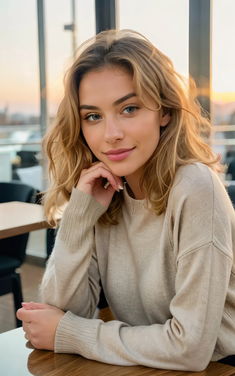 Beautiful blonde woman in beige sweater (Cup of coffee in a modern cafe at sunset), Very detailed, 21 old years, Innocent Face, natural curly hair, Cyan eyes, High Resolution, Masterpiece, Best Quality, intricate details, higly detailed, sharp-focus, detailed skin, realistic skin texture, texture, 詳細な目, Professional, 4k, Adorable smile, Shot in Canon, 85 mm, Shallow depth of field, Kodak Vision Color, a perfect fit body, Extremely detailed, a  photo of ar_\(ultra\), Photorealist, realisitic, postprocessing, Maximum details, roughness, Real life, ultra realist, photo realism, a  photo of a, 8K UHD, a  photo of a