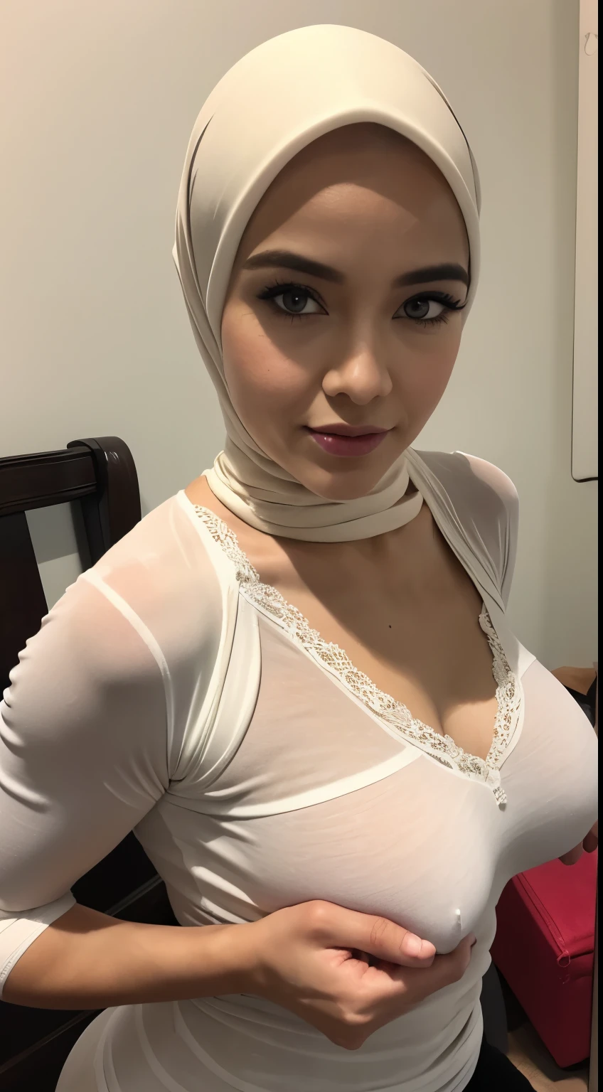 A close up of a woman wearing a white shirt and a hijab - SeaArt AI