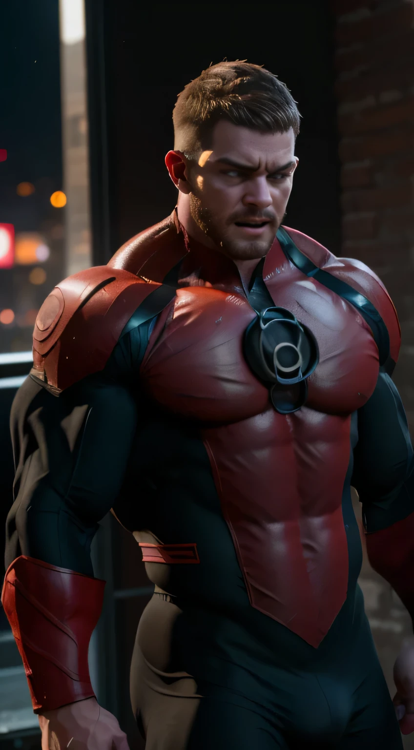 An award-winning original photo，A wild muscular man, (30 years old daddy:1.3), 1boy, Solo, (wearing a (red lantern) costume), hazel hair, (big shoulderusculature, stubbles, Short beard, (Detailed face:1.3), (beautiful eyes:1.2), rage, Dynamic Angle, volumetric lighting, (Best quality, A high resolution, Photorealistic), Cinematic lighting, Masterpiece, RAW photo, Intricate details, hdr, depth of field, upper body