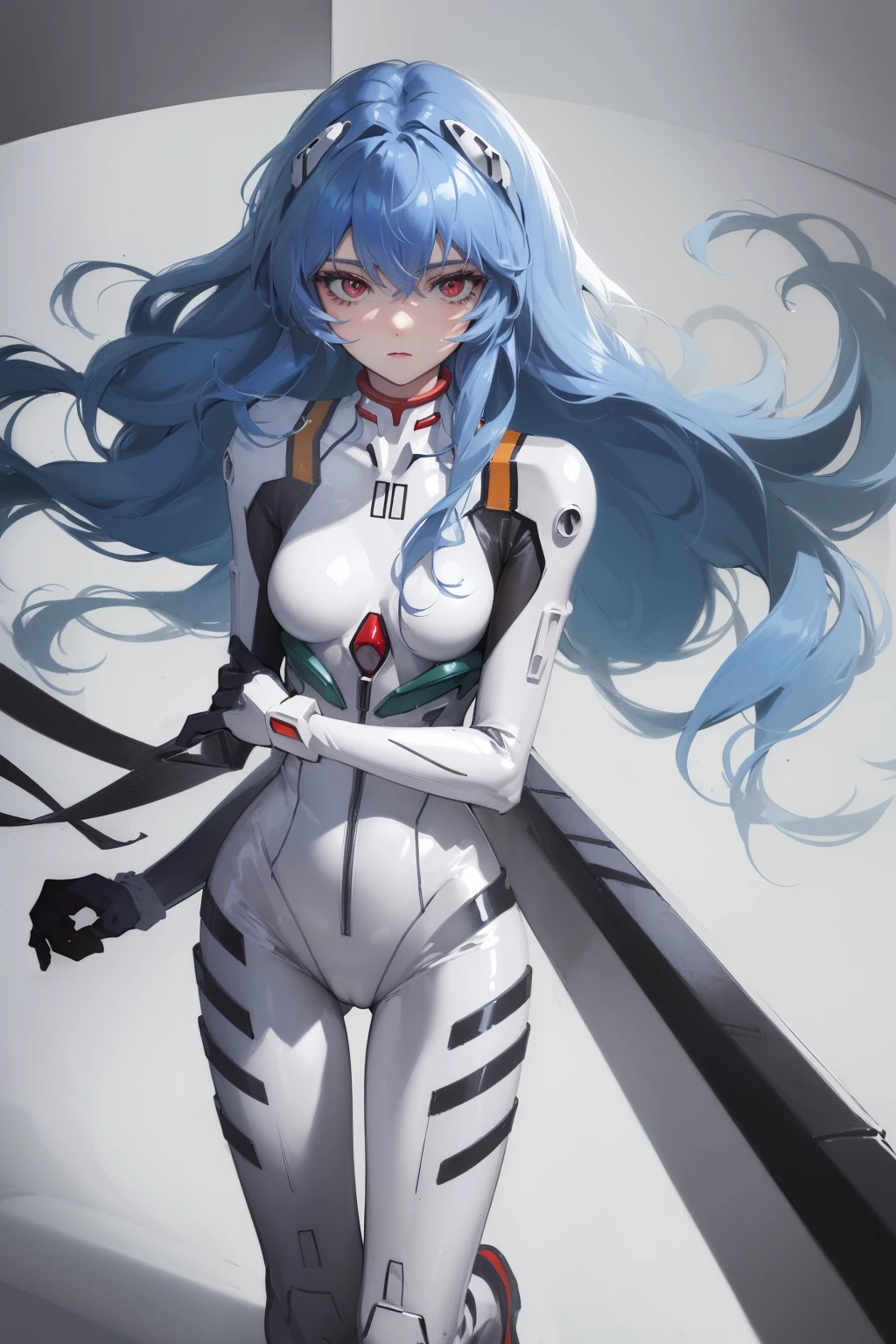 (obra-prima, qualidade, Best qualidade at best, arte oficial, lindo e lindo:1.2)Yabo, Ayanami Rei, cabelo azul, cabelo longo e branco，macacão，postura sexy