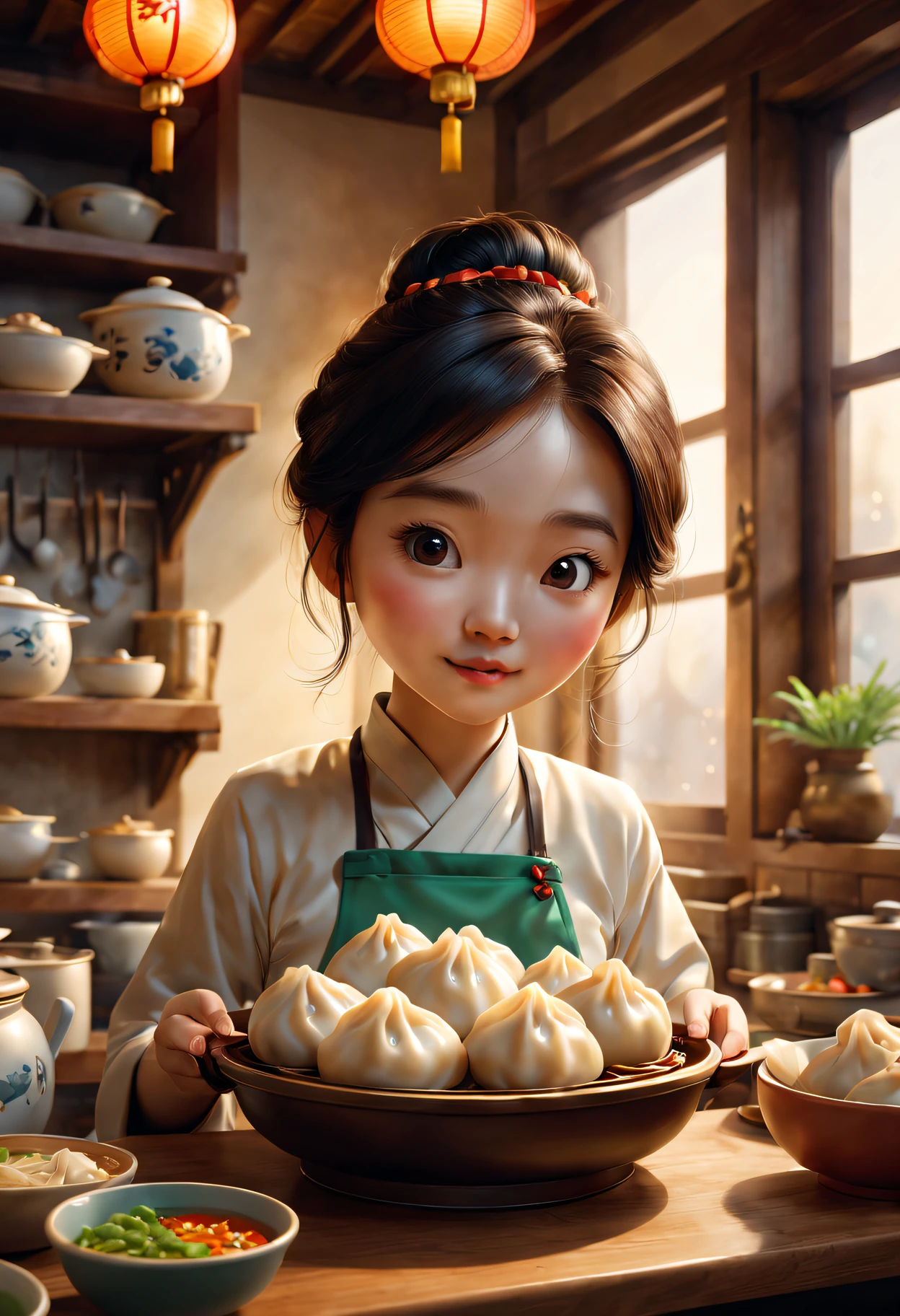 Arafed asian girl in a kitchen with a plate of dumplings - SeaArt AI