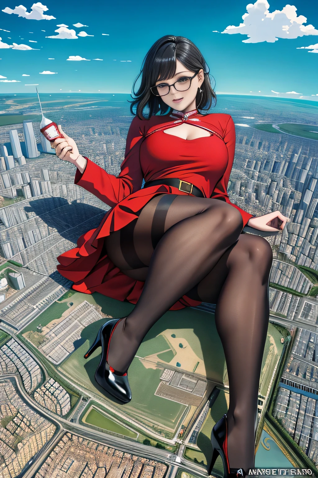 the giant art, 非常に詳細なthe giantショット, the giant, Shorthair, Giant woman bigger than a skyscraper, Wearing rimless glasses, Colossal , BIG ASS, Red Santa Dresses, Black pantyhose, Her shoes are high heels and stiletto red sandals., very small metropolis, Trying to destroy a miniature metropolis, Full body depiction, nffsw, giga the giant, the giant, Black pantyhose, Stomping City,crash city,Small town,micro city,