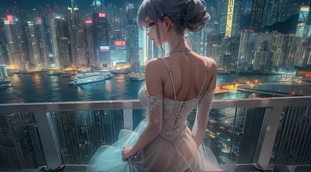 hong kong night city, Kowloon City,mature,slender body:1.2, , braid, (white hair), evening gown, (best quality:1.3), (highres:1.3), (clear:1.3), (8k:1.3), masterpiece, (detailed:1.1), 1girl,perfect proportion, from behind,panorama view,from above,high ground,dynamic angle and pose,wide angle,long shot,from afar,