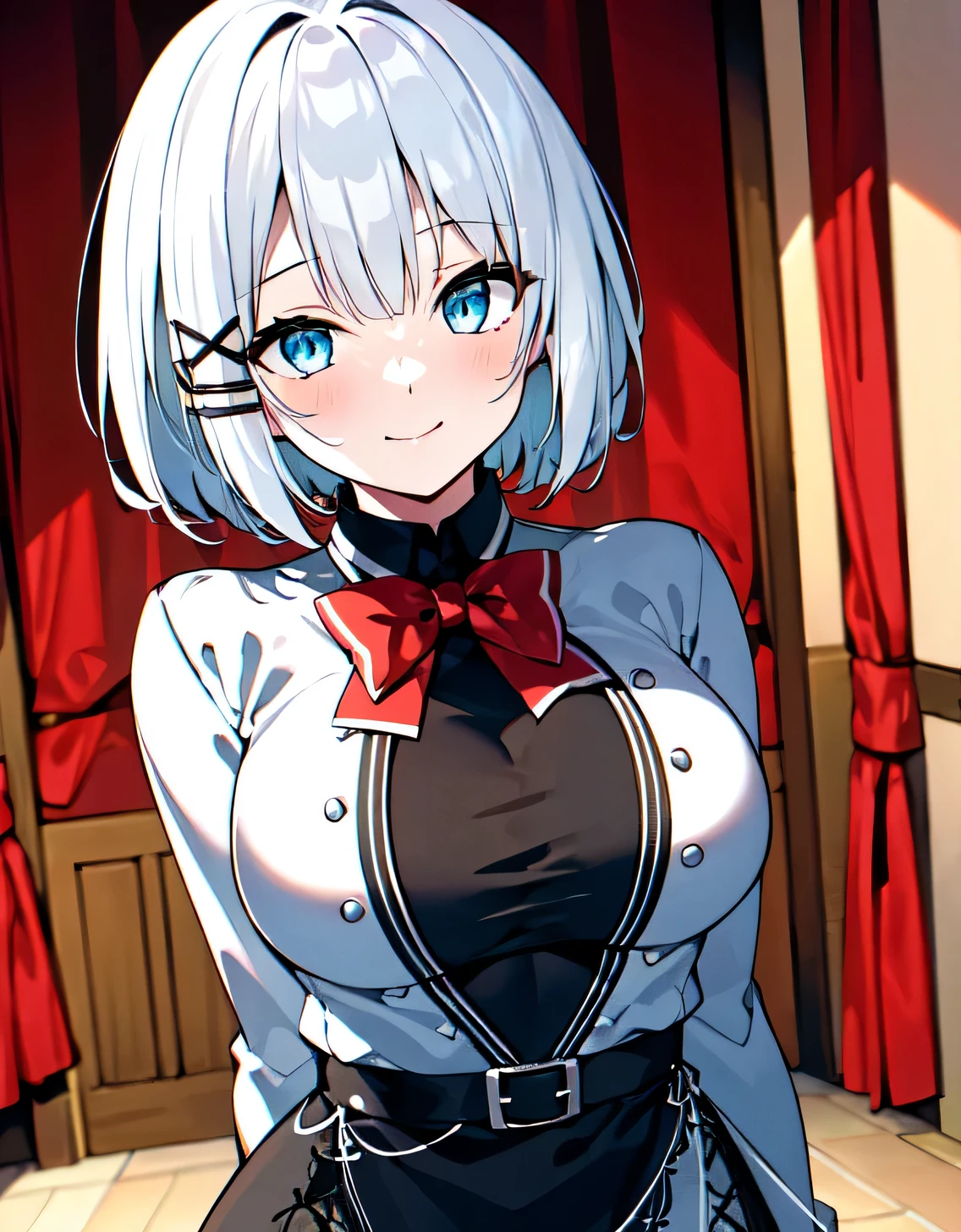 (((masutepiece))),((Best Quality)),hight resolution, ((1girl in)),Silver hair,Blue eyes,Hair Ornament,red bowtie,Black shirt,Grey jacket,grey dress,Black skirt,Black belt,frilld.Black pantyhose,(Large breasts:1.5),Looking at Viewer,Standing,Perfect Anatomy,8K UHD,extra detailed face,gloss and shiny,Beautiful detailed eyes,image perfect,(Upper body:1.1),(Look at the front:1.1),arms behind back,Slim waist,Smile,Shiny hair,Indoor room,Medium Hair,