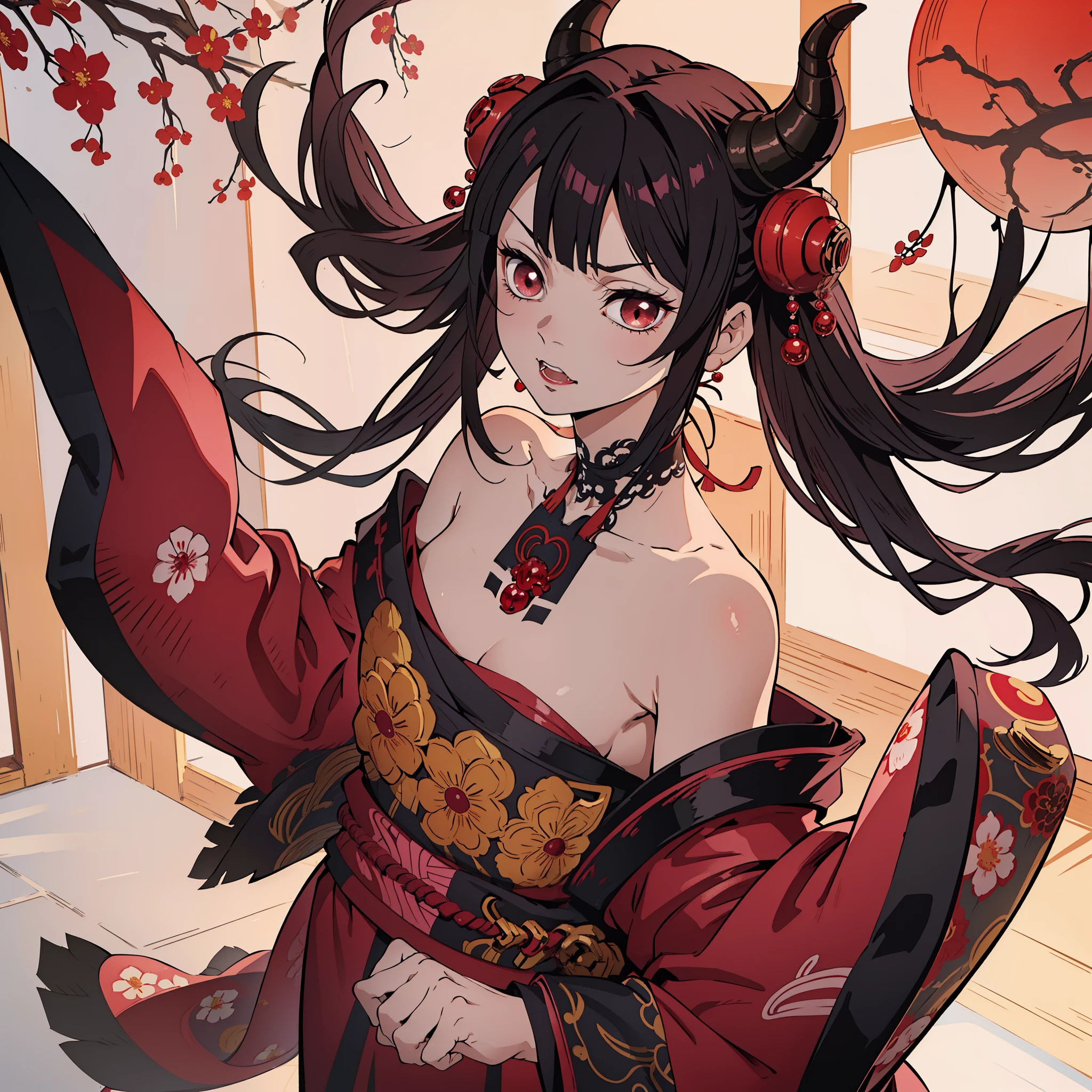 (masutepiece, Best Quality:1.2), kimetsu no yaiba style, Kamado Nezuko, (1 girl, Solo), 20 years old, Upper body, (Pink kimono, Open chest, floral tattoo on neck and chest), (red demon horns, Red Eyes), (Angry face, long fangs), (close fingers, make fist), Japanese old style room background