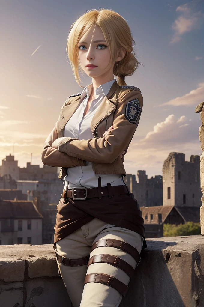 masterpiece, best quality, highres,
castle ruins, sunset, serious expression,
1girl, solo, looking at viewer, crossed arms,
historia, christa renz, blonde hair, blue eyes, hair between eyes, short hair,  ponytail, official art,
jacket, brown jacket, emblem, belt, thigh strap, pants, boots, shirt, white shirt, collared shirt,