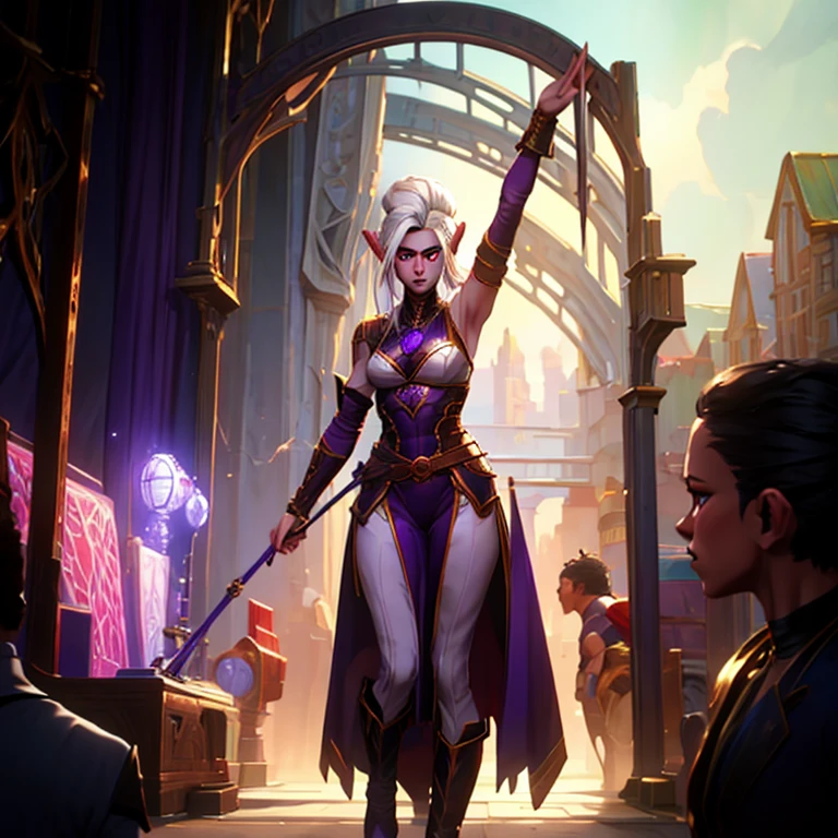 masterpiece, highest quality, (full body view), (perfect face:1.1), (high detail:1.1), (hyper detailed eyes), a tiefling woman with pale white skin and long voluminous white hair, 25 years old, purple eyes, long hair, purple horns, toned body, athletic body, metal-plated armor, friendly expression, happy, talking to a crowd, crowded market place,  fantasy setting, detailed background, cinematic lighting