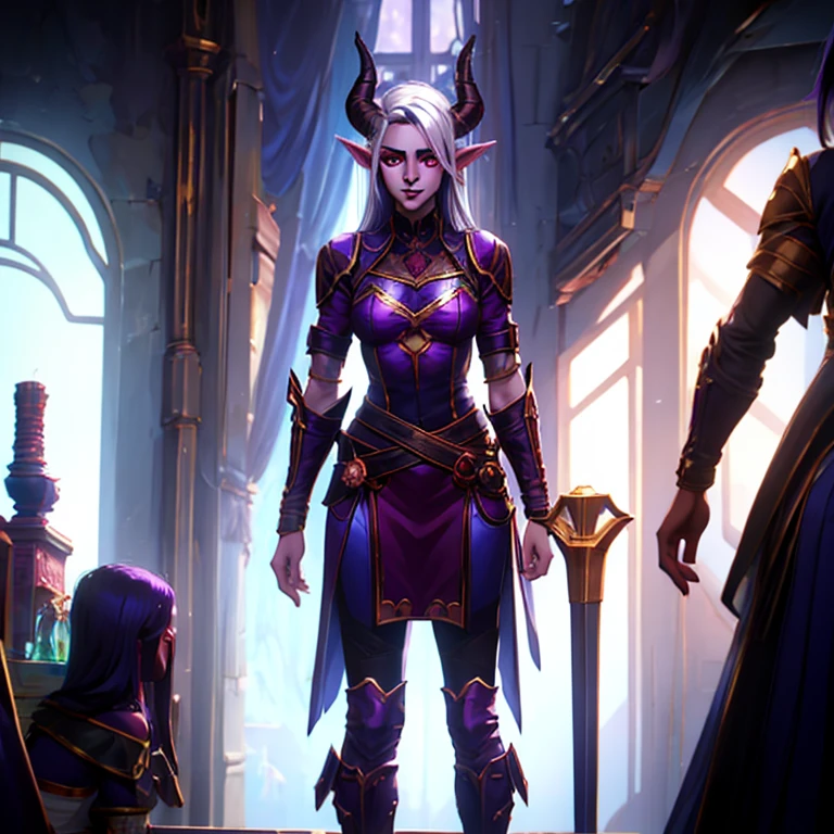 masterpiece, highest quality, (full body view), (perfect face:1.1), (high detail:1.1), (hyper detailed eyes), a tiefling woman with pale white skin and long voluminous white hair, 25 years old, purple eyes, long hair, purple horns, toned body, athletic body, metal-plated armor, friendly expression, happy, talking to a crowd, crowded market place,  fantasy setting, detailed background, cinematic lighting