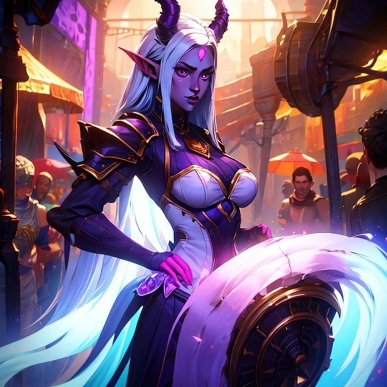 masterpiece, highest quality, (full body view), (perfect face:1.1), (high detail:1.1), (hyper detailed eyes), a tiefling woman with pale white skin and long voluminous white hair, 25 years old, purple eyes, long hair, purple horns, toned body, athletic body, metal-plated armor, friendly expression, happy, talking to a crowd, crowded market place,  fantasy setting, detailed background, cinematic lighting