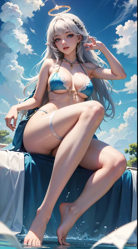 high qulity，tmasterpiece，ultra - detailed，A high resolution，，nabel，比基尼，hand on her own chest，，The halo，full bodyesbian，An extremely delicate and beautiful girl，wide blue eyes，Raised sexy，8K，，Beth，sentado na praia，lacepantyhose,with her mouth open,,Cute nos...