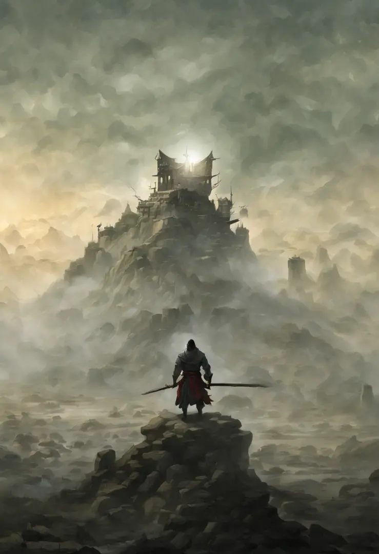 draw a man with a sword，in the mist-shrouded landscape, inspired by somi, author：heroes, author：shen zhou, concept art illustrat...