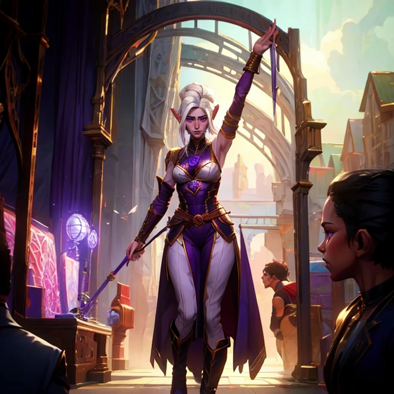 masterpiece, highest quality, (full body view), (perfect face:1.1), (high detail:1.1), (hyper detailed eyes), a tiefling woman with pale white skin and long voluminous white hair, 25 years old, purple eyes, long hair, purple horns, toned body, athletic body, metal-plated armor, friendly expression, happy, talking to a crowd, crowded market place,  fantasy setting, detailed background, cinematic lighting