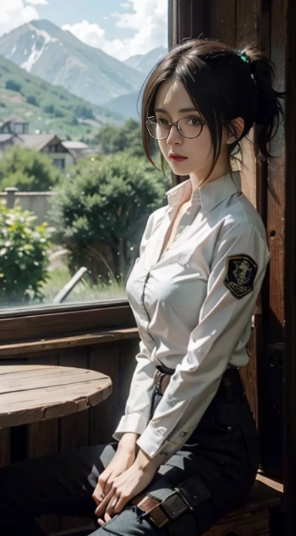 aot style, shingeki no kyojin,attack on titan,

Hange,

1girl, glasses, arm strap, bangs, black hair, black pants, breasts, cowboy shot, embers, green eyes, grey background, hair between eyes, harness, long sleeves, looking at viewer, medium breasts, pants, shirt, short hair, smoke, solo, thigh strap,  brown jacket, white shirt, survey corps \(emblem\)

, ((masterpiece)), best quality
,