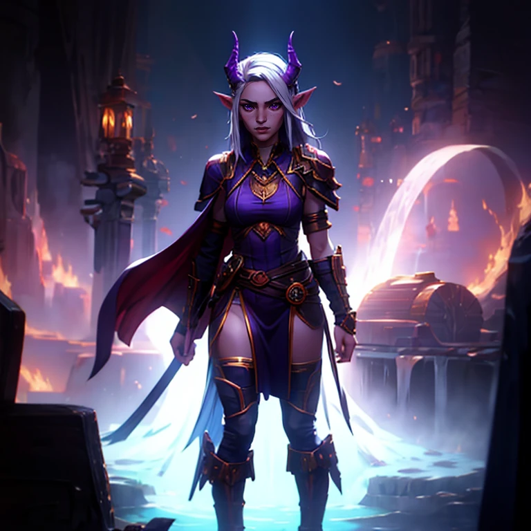 masterpiece, highest quality, (full body view), (perfect face:1.1), (high detail:1.1), (hyper detailed eyes), a tiefling woman with pale white skin and long voluminous white hair, 25 years old, purple eyes, long hair, purple horns, toned body, athletic body, metal-plated armor, friendly expression, happy, talking to a crowd, crowded market place,  fantasy setting, detailed background, cinematic lighting