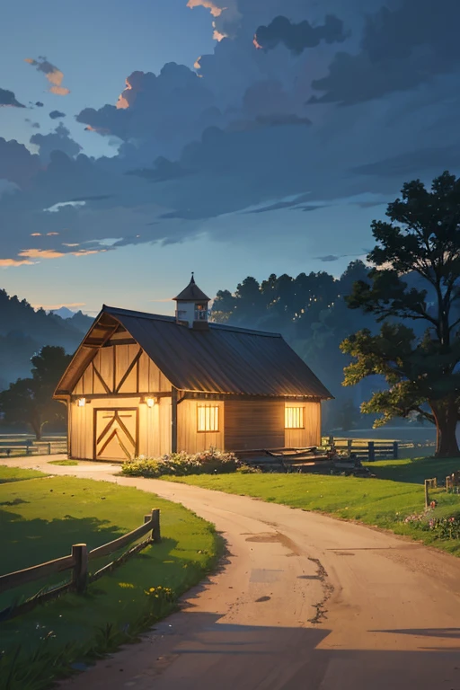 Night view of barn and field path, Anime countryside landscape - SeaArt AI