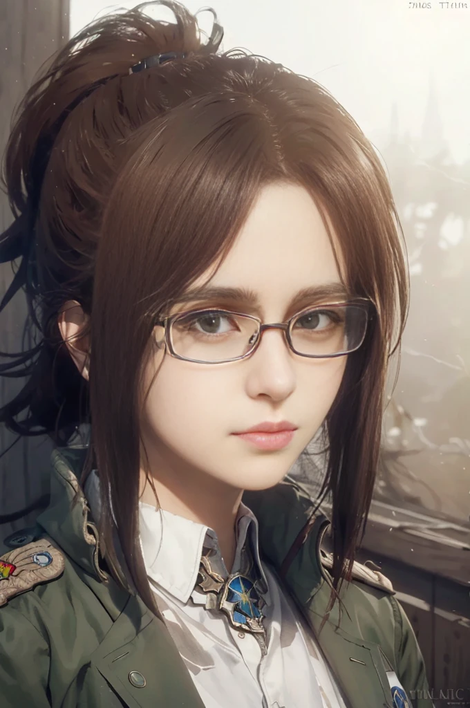 portrait of beautiful HangeAOT, 1girl, solo, jacket, glasses, uniform, emblem, paradis_military_uniform, survey_corps_\(emblem\), volumetric lighting, best quality, masterpiece, intricate details, tonemapping, sharp focus, hyper detailed, trending on Artstation,