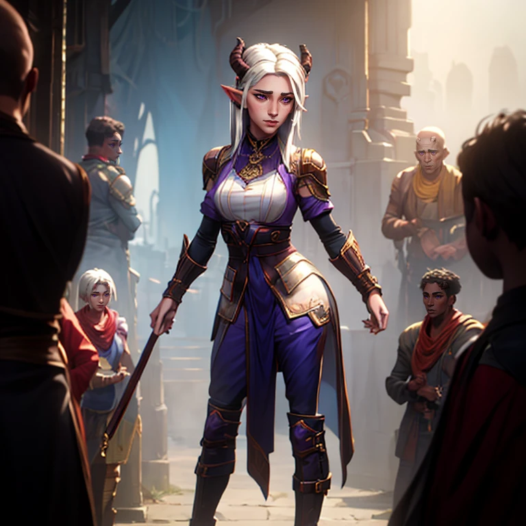 masterpiece, highest quality, (full body view), (perfect face:1.1), (high detail:1.1), (hyper detailed eyes), a tiefling woman with pale white skin and long voluminous white hair, 25 years old, purple eyes, long hair, purple horns, toned body, athletic body, metal-plated armor, friendly expression, happy, talking to a crowd, crowded market place,  fantasy setting, detailed background, cinematic lighting