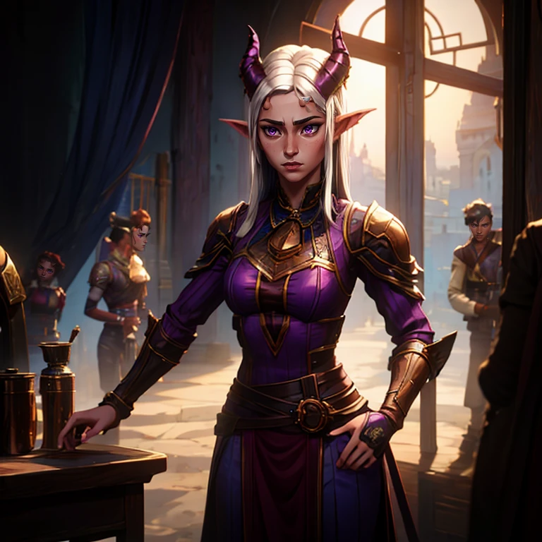 masterpiece, highest quality, (full body view), (perfect face:1.1), (high detail:1.1), (hyper detailed eyes), a tiefling woman with pale white skin and long voluminous white hair, 25 years old, purple eyes, long hair, purple horns, toned body, athletic body, metal-plated armor, friendly expression, happy, talking to a crowd, crowded market place,  fantasy setting, detailed background, cinematic lighting