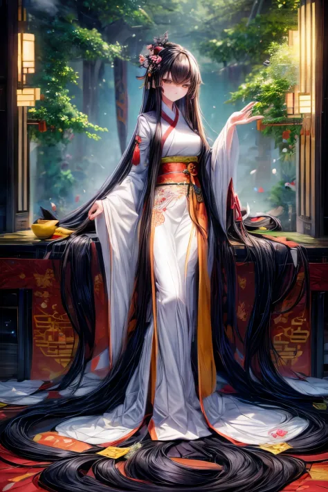 , 1girl, long hair, solo, black hair, hair ornament, flower, very long hair, hair flower, absurdly long hair, tree, wide sleeves...