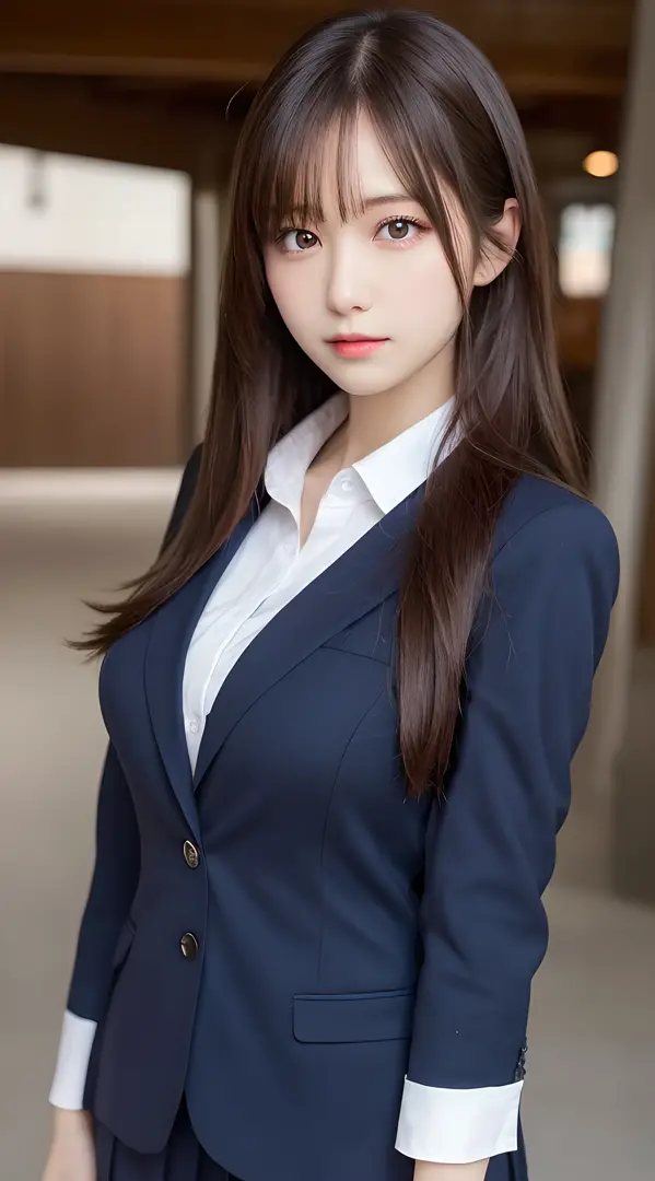 masutepiece, Best Quality, Ultra-detailed, finely detail, hight resolution, 8K Wallpaper, Perfect dynamic composition, Beautiful detailed eyes,  Natural Lip,Blazer ,School uniform, Big breasts, Full body