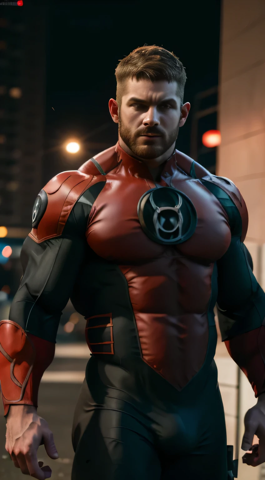 An award-winning original photo，A wild muscular man, (30 years old daddy:1.3), 1boy, Solo, (wearing a (red lantern) metal suit), hazel hair, (big shoulder), muscular, stubbles, Short beard, (Detailed face:1.3), (beautiful eyes:1.2), really rage, Dynamic Angle, volumetric lighting, (Best quality, A high resolution, Photorealistic), Cinematic lighting, Masterpiece, RAW photo, Intricate details, hdr, depth of field, upper body shot,