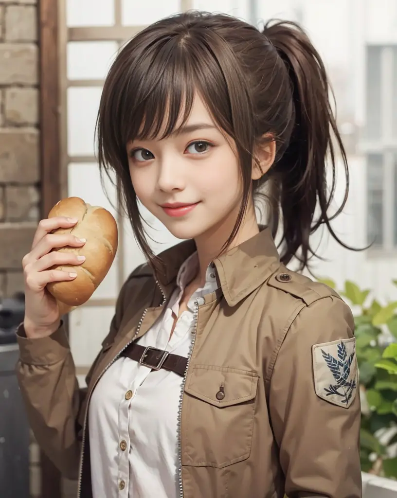 (masterpiece, best quality:1.2), upper body, solo, 1girl, sasha braus, smile, looking at viewer, holding food, bread, smile, par...