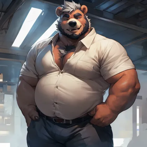 Chubby, fat, male  middle aged, anthro bear, thin beard, flirting  , big chest, dynamic light, opened Shirt, thick shirt ,Gray h...