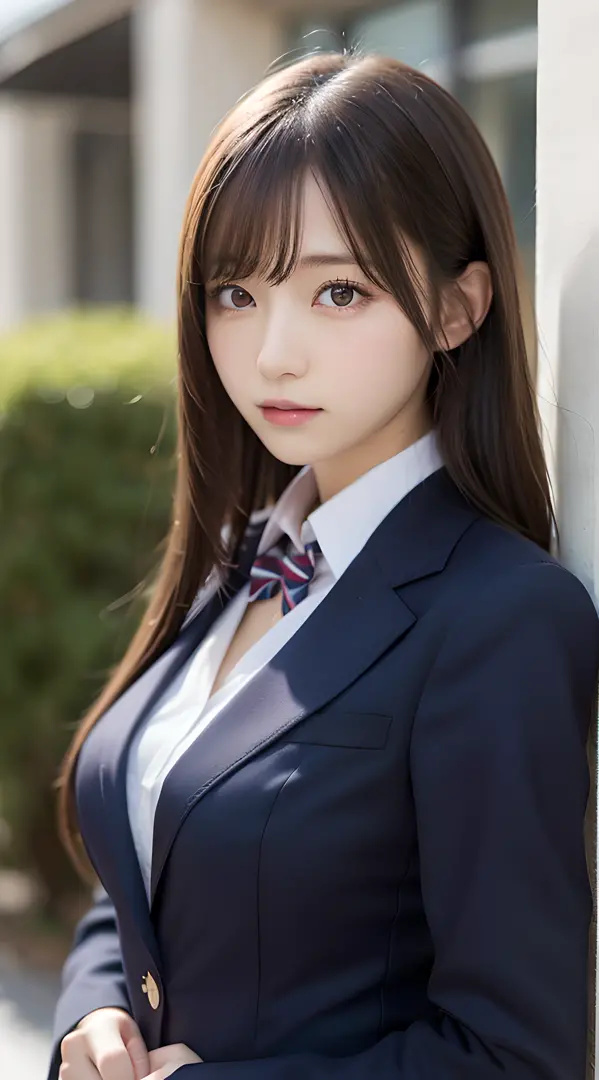 masutepiece, Best Quality, Ultra-detailed, finely detail, hight resolution, 8K Wallpaper, Perfect dynamic composition, Beautiful detailed eyes,  Natural Lip,Blazer ,School uniform, Big breasts, Full body