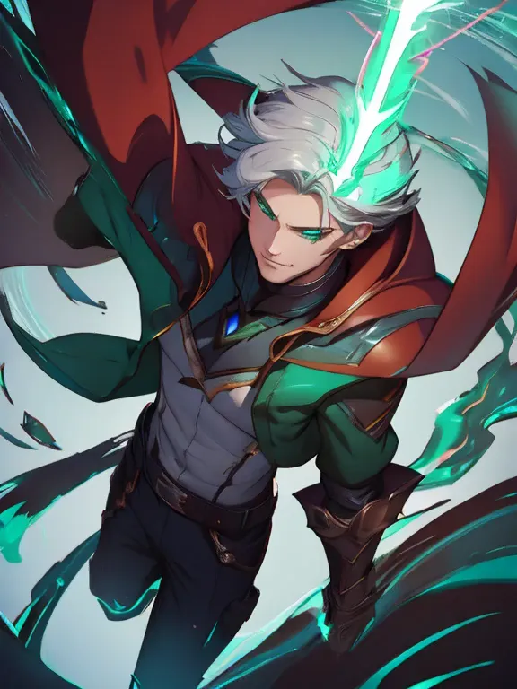 necromancer, young man, gray hair, green eyes, total power, skinny, two swords on back, green jacket, green fog, tower, green li...