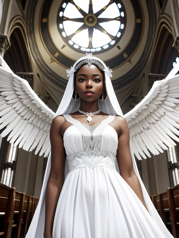 Lindo anjo negro africano em vestido branco, aréola, penas brancas, Igreja africana ao fundo