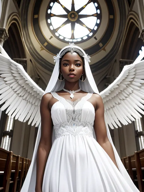 Beautiful black African angel in white dress, halo, white feathers, African church in the background