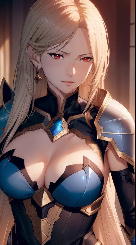 (Katalina from granblue fantasy), elegant, adult woman, long hair, earrings, shoulder armor, armor, breastplate, red eyes, elegant face, high resolution, extremely detail 8k cg, close-up portrait, granblue fantasy style