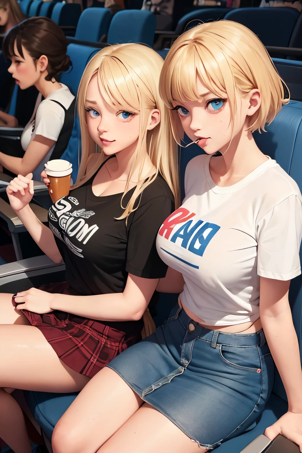 Two women sitting in a theater with drinks and a laptop - SeaArt AI