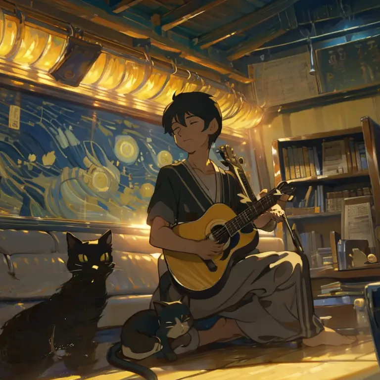 A young male artist with short black hair sleeping, Learn , gold light, guitar, music instrument, A black cat, , Bookshelves as ...