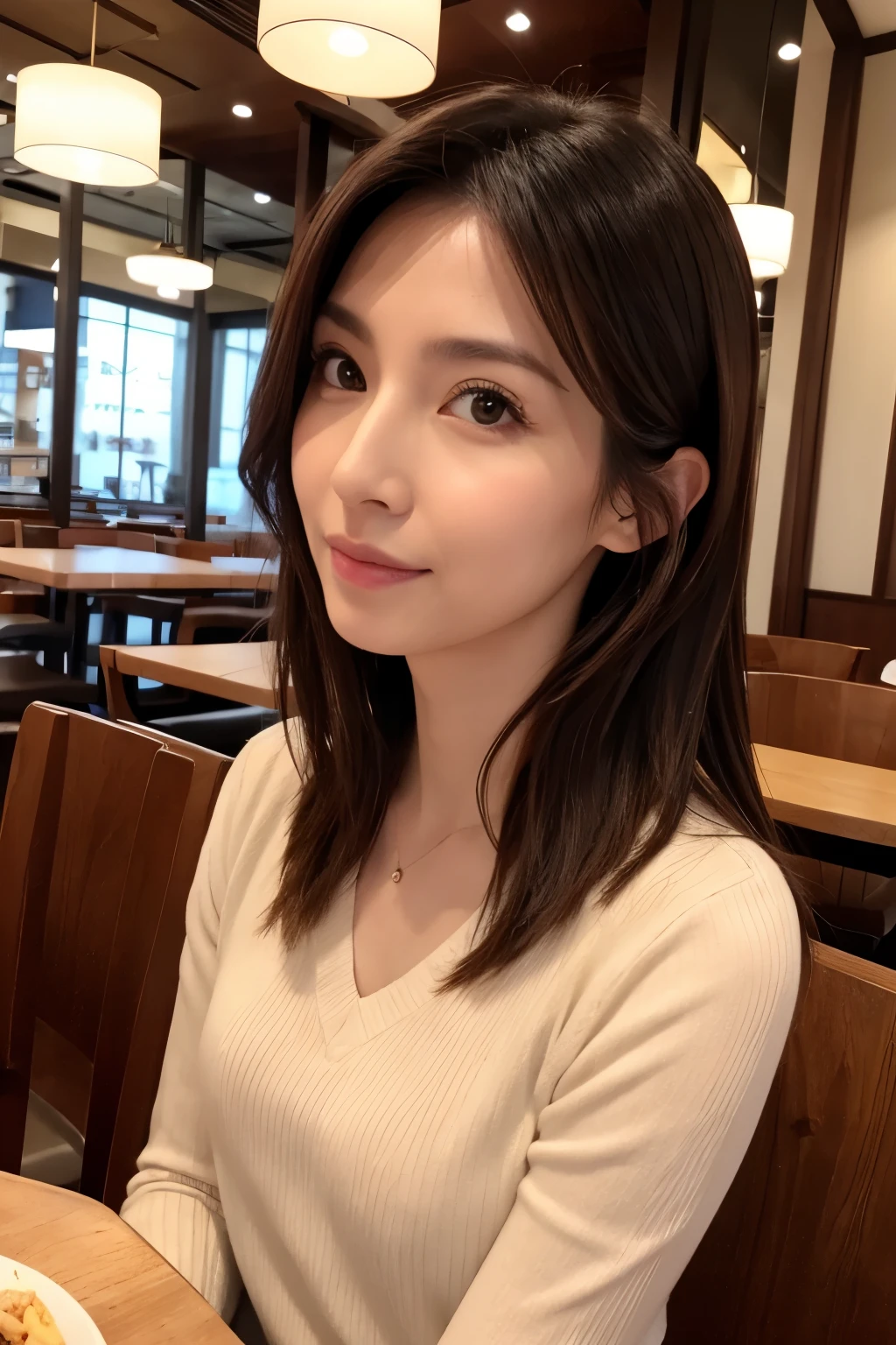 (Highly realistic, high resolusion, Detailed face, Detailed eyes), Thin woman, 40 years old, Cute face, Look at viewers, various popular hairstyles, skinny body shape, Small breasts, very thin waist, In the restaurant, wearing casual clothing