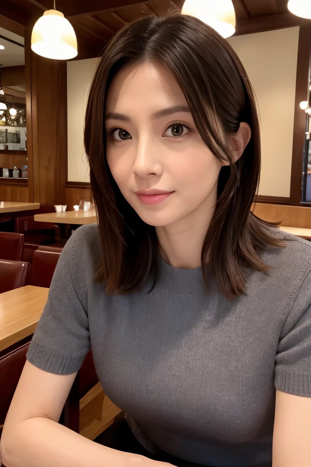 (Highly realistic, high resolusion, Detailed face, Detailed eyes), Thin woman, 40 years old, Cute face, Look at viewers, various popular hairstyles, skinny body shape, Small breasts, very thin waist, In the restaurant, wearing casual clothing