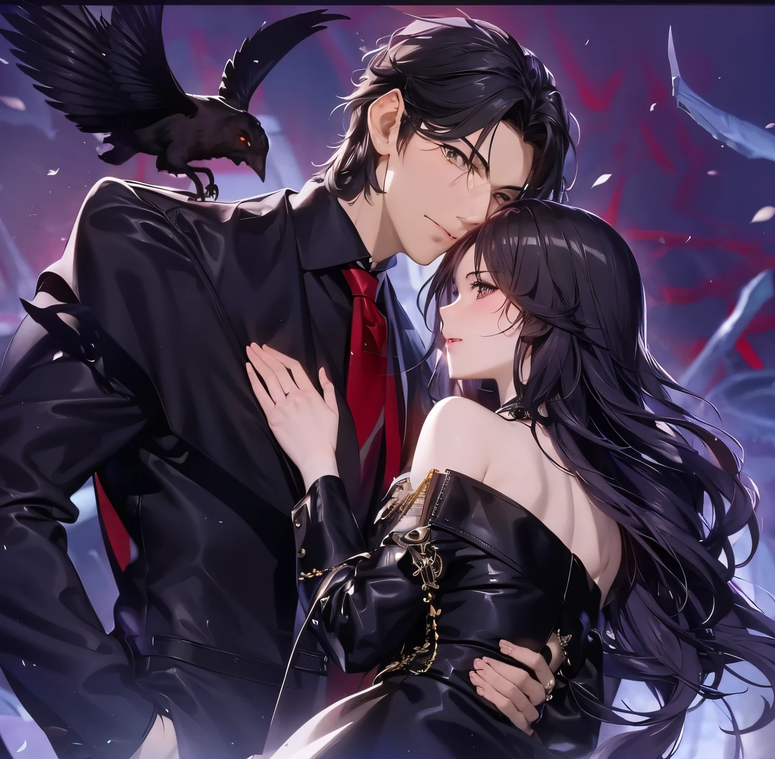 Anime couple in black dress and red tie with a crow on his shoulder -  SeaArt AI