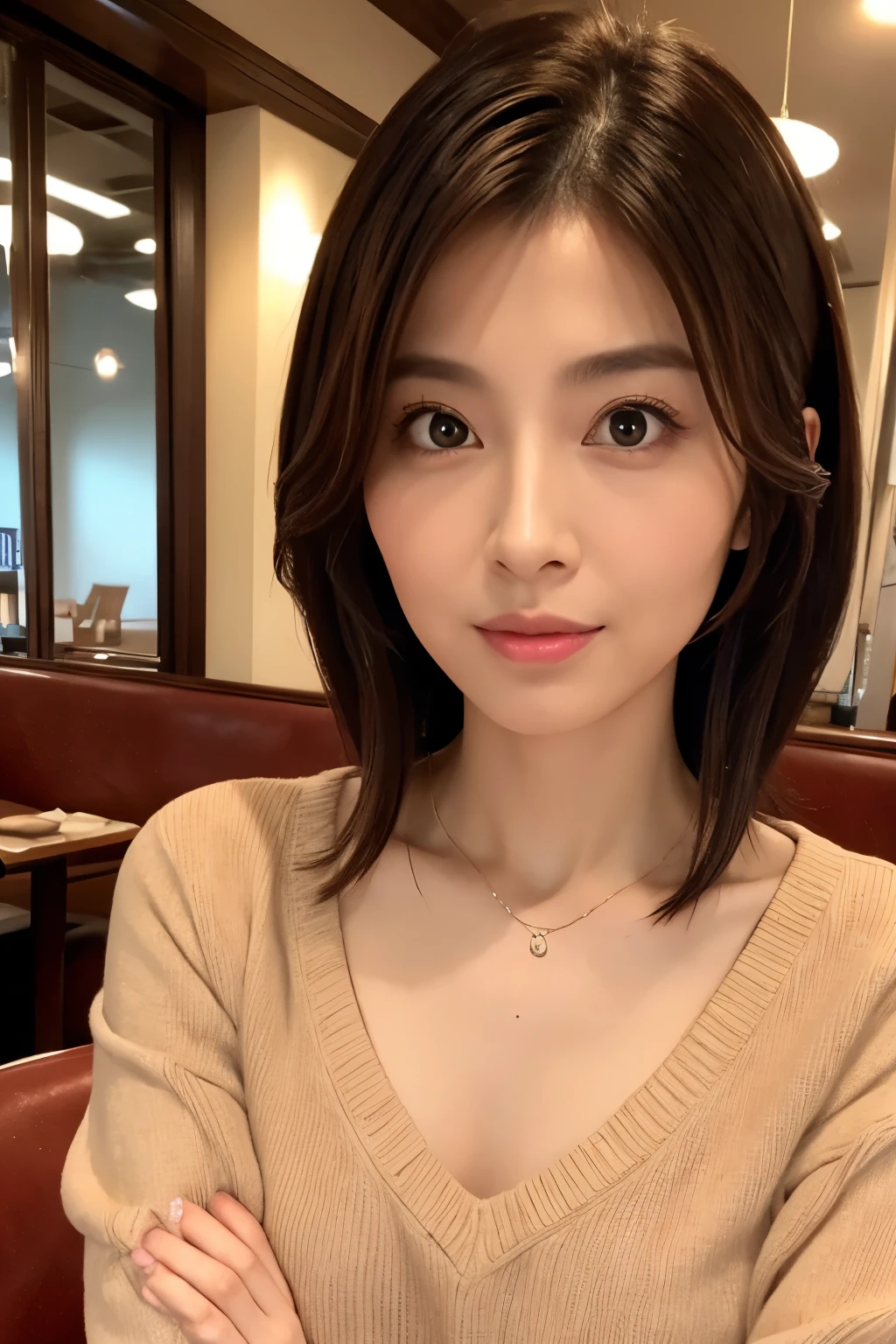 (Highly realistic, high resolusion, Detailed face, Detailed eyes), Thin woman, 40 years old, Cute face, Look at viewers, various popular hairstyles, skinny body shape, Small breasts, very thin waist, In the restaurant, wearing casual clothing