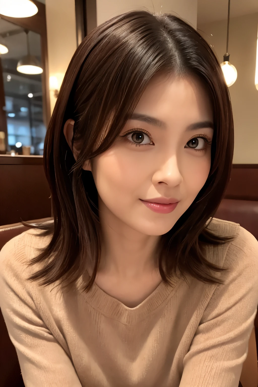 (Highly realistic, high resolusion, Detailed face, Detailed eyes), Thin woman, 40 years old, Cute face, Look at viewers, various popular hairstyles, skinny body shape, Small breasts, very thin waist, In the restaurant, wearing casual clothing