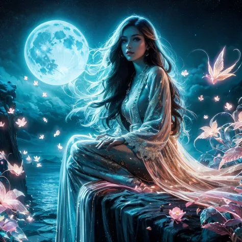 a woman with gigantic breast sitting on a rock with a full moon in the background, digital art fantasy, beautiful fantasy art, d...