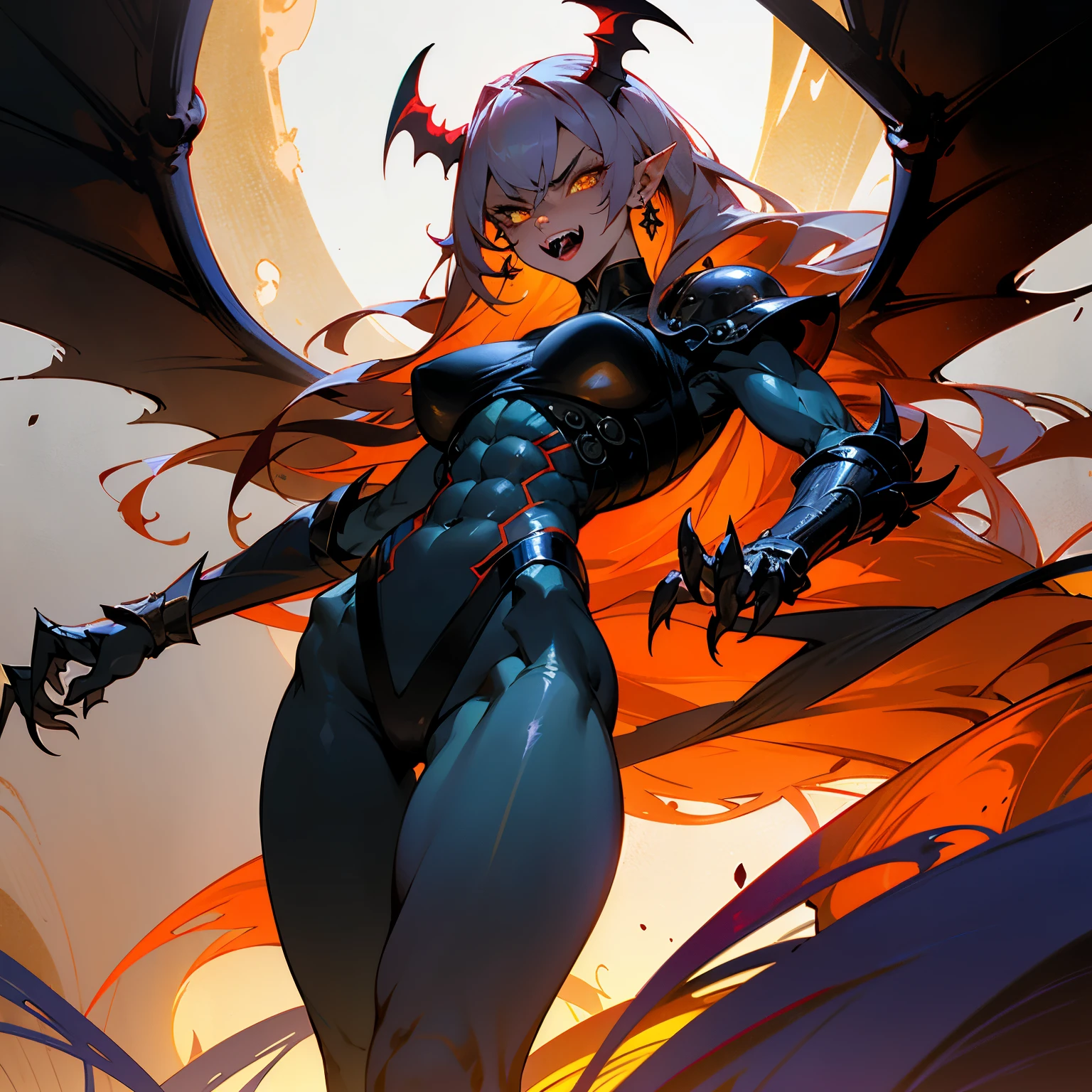 Demon woman, mature, very angry face, long fangs, diamond face, demon tail, wings demon, strong shadows, yellow light, detailed face, sparks, gargolyes background, hell, night, attacking, detailed abs, scars, shinying eyes, war pose, long claws, (masterpiece), direct light, underlight, strong jaw, golden sky, large , Demonic queen, gothic, massive ass, thick thighs, long torso, wide waist, skinny torso, fit, perfect face, armor,