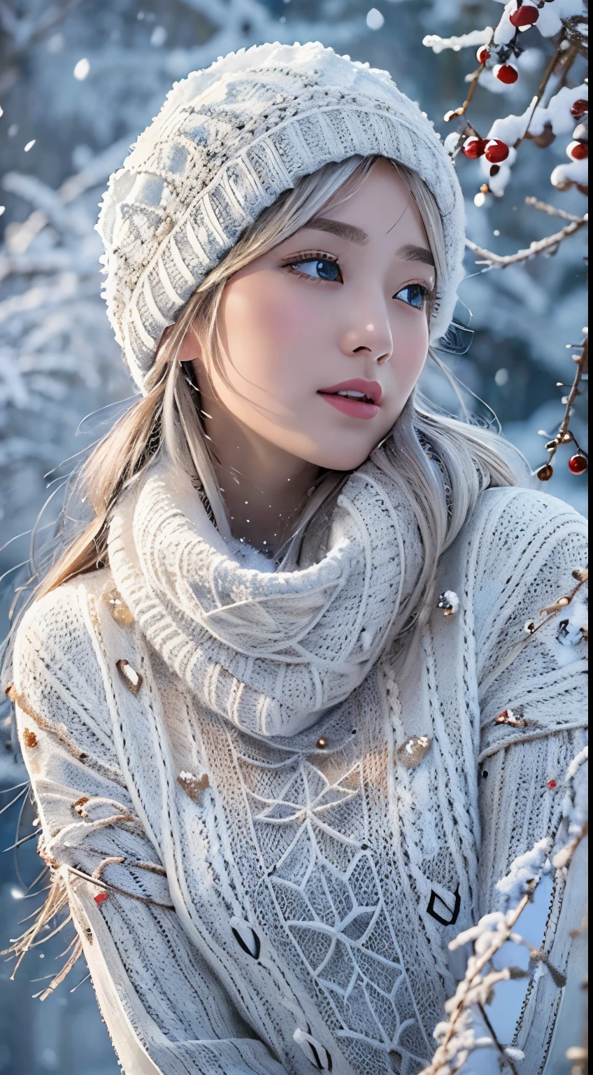 (tmasterpiece，8k,Best quality at best,A high resolution,ultra - detailed,ultra-realistic realism), The white, (knit sweater:1.3), A world covered in silver, tree branches covered with snow, cold winter touch, Snowflakes dance like elves, Turn the world into a silver fairy tale, Chilly winds, Peaceful and beautiful snow scene, Cosy and peaceful