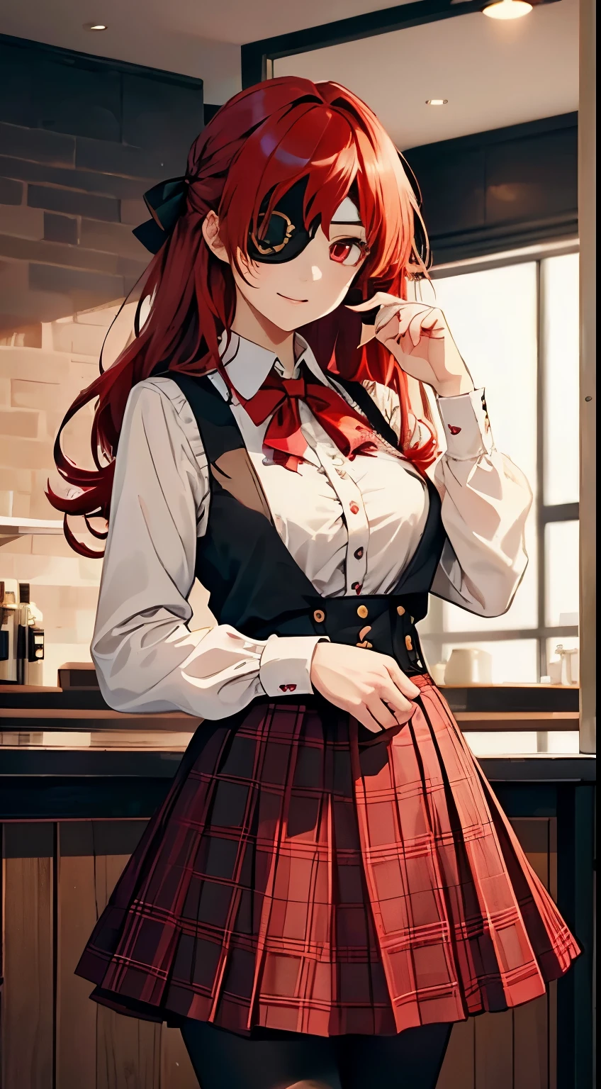 ((best quality)), ((masterpiece)), (detailed), perfect face, ((eyepatch:1.2)), (long hair:1.4), (red hair, red eyes:1.4), 1girl, solo, skirt, shirts, vest, legging, white shirts, Button-up shirts, black vest, smile, outdoors, black skirt, looking at viewer, black legging, rose pattern legging, long sleeves, bangs, ribbon, frilled skirt, frills, plaid, bow, Star shape eyepatch, gold eyepatch, standing, red ribbon, wide sleeves, hand on waist, medium breasts, cafe, inside bosco cafe, cowboy shot, elegance, adult women