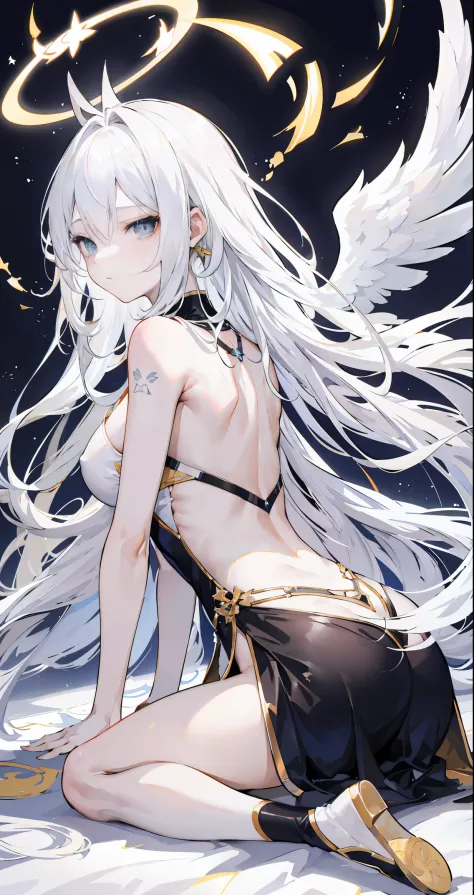 light skin color, white hair color long hair, Bigchest, 1:70，Kneeling，Facing the camera，back to look back，facing away，The clothes ar，Slim body，没有The clothes ar，The clothes ar少性感的，the shy，White wings, angelicales趴着, Overhead halo, yellow eyes, a sexy pose, ...