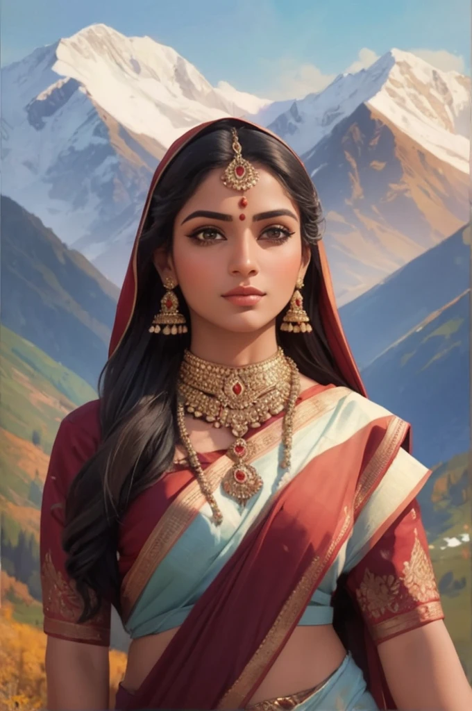 Generate a portrait art of a stunning Hindu woman in a saree against the breathtaking backdrop of the Caucasus Mountains. Use the mountainous landscape to create a sense of majesty and showcase the fusion of cultures.