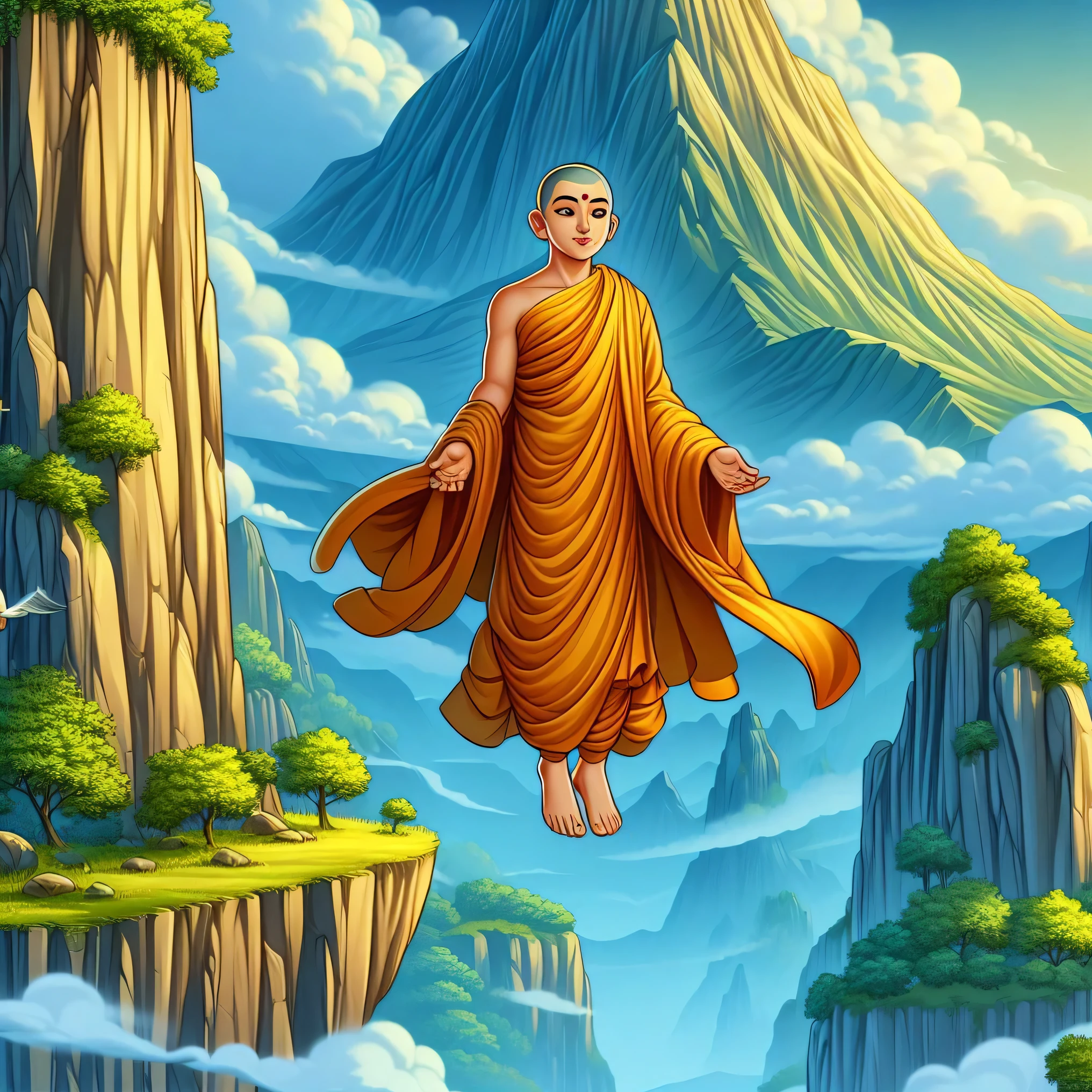 a cartoon monk flying over a mountain with a bird flying by, buddhism, buddhist monk, monk meditate, monk, monk clothes, the buddha, concept art of a monk, on path to enlightenment, full body picture of a male monk, buddhist monk meditating, on the path to enlightenment, floating robes, wearing flowing robes, amazing depth, 2 1 st century monk