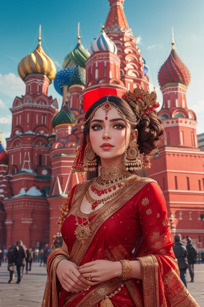 Erstelle ein Bild einer königlichen russischen Hindu-Frau, die einen opulenten Sari am Roten Platz in Moskau trägt.. Betonen Sie ihre Schönheit vor den ikonischen Wahrzeichen, eine atemberaubende Gegenüberstellung schaffen.