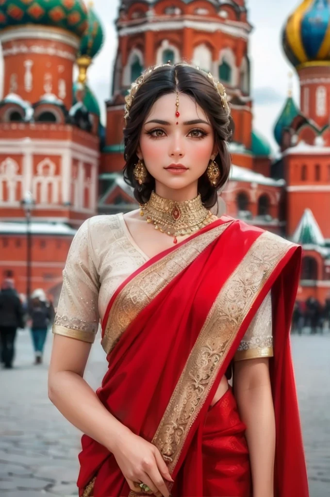 Genere un retrato artístico de una majestuosa mujer hindú rusa vestida con un opulento sari en la Plaza Roja de Moscú.. Resalte su belleza equilibrada frente a los monumentos icónicos., creando una yuxtaposición impresionante.