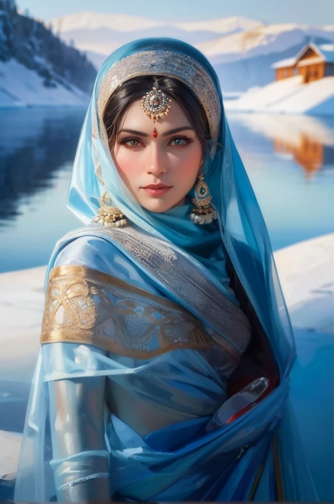 Crie um retrato de uma cativante mulher hindu russa em um saree, cercado pelas paisagens congeladas do Lago Baikal no inverno. Brinque com o reflexo das superfícies geladas e o calor da mulher para criar um contraste visual hipnotizante.